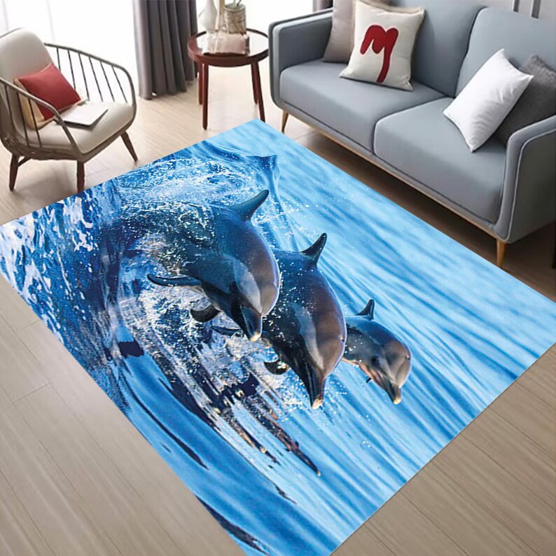 Dolphins Riding Waves Area Rug | Recycled Microfiber Pile, Non-slip ...