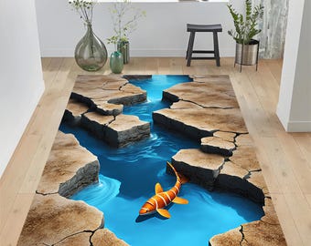 3D Optical Illusion Clownfish in Water Vortex Area Rug | Recycled Microfiber Polyester Pile, Organic Cotton Base, 3D Koi Fish River Area Rug