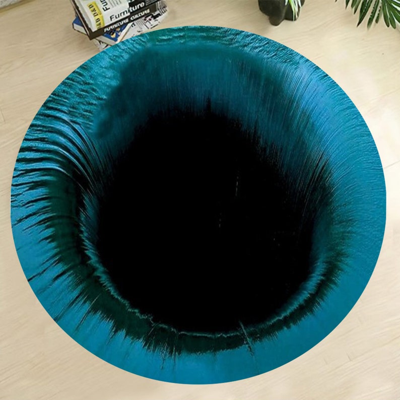 May include: A round, blue and black rug with a swirling pattern that creates the illusion of a black hole.