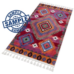 May include: A colorful rug with a geometric pattern in shades of red, orange, blue, green, and white. The rug has a fringe border.