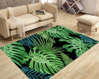 Leaf Rug, Tropical Rug, Exotic Rug, Boho Decor, Bohemian Rug, Leaf Pattern Rug,Botanical Leaf Rug,Green Plant Rug,Plant Rug,Elegant Leaf Rug