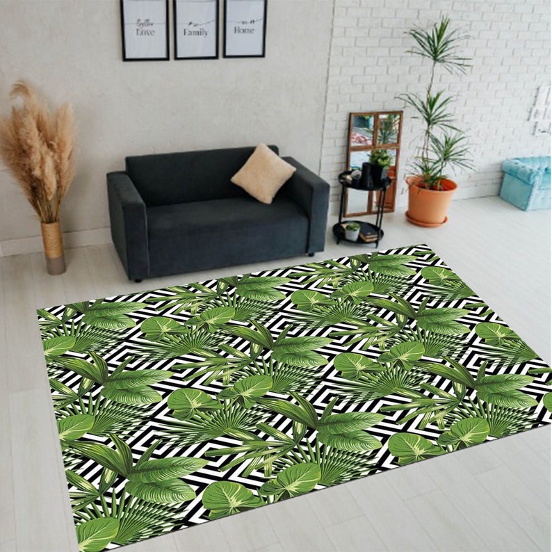 Leaf Rug, Tropical Rug, Exotic Rug, Boho Decor, Bohemian Rug, Leaf Pattern Rug,Botanical Leaf Rug,Green Plant Rug,Plant Rug,Elegant Leaf Rug Bild 4