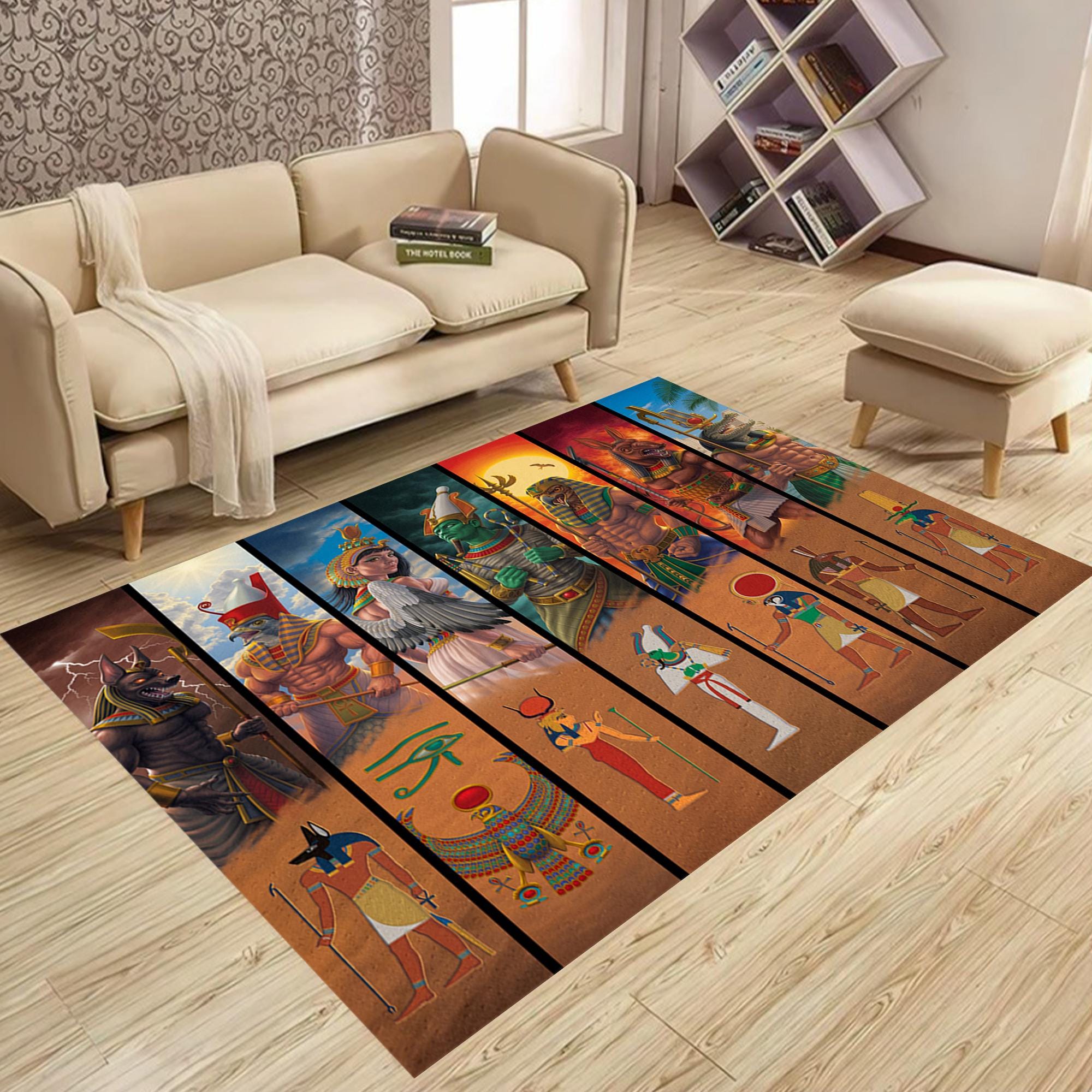 エジプトラグ、エジプトの神々のラグ、エジプト風ラグ、アンティーク