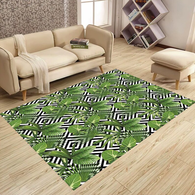 Leaf Rug, Tropical Rug, Exotic Rug, Boho Decor, Bohemian Rug, Leaf Pattern Rug,Botanical Leaf Rug,Green Plant Rug,Plant Rug,Elegant Leaf Rug Bild 1