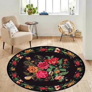 Tkany okrągły dywan Cottagecore Flowers, okrągły dywan Cottagecore Roses, okrągły dywan vintage, dywan Karabag, kolorowy okrągły dywan, okrągły dywan kwiatowy, okrągły dywan