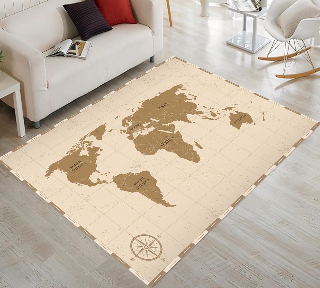 Beigebrown World Map Rug, World Map Rug, Map Rug, Atlas World Map Rug ...