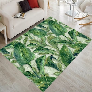 Leaf Rug, Tropical Rug, Exotic Rug, Boho Decor, Bohemian Rug, Leaf Pattern Rug,Botanical Leaf Rug,Green Plant Rug,Leafs Rug,Elegant Leaf Rug