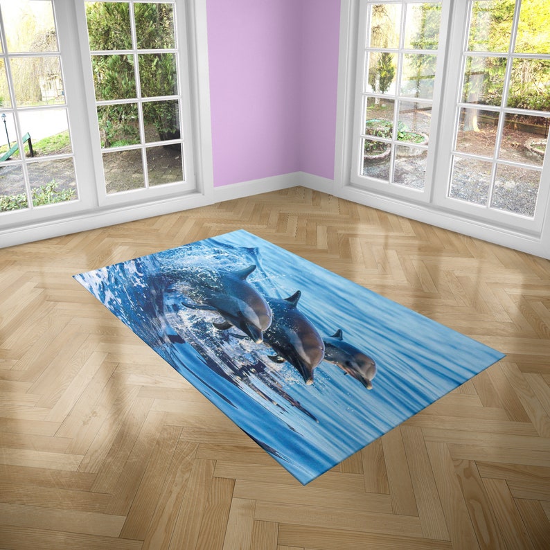 Dolphins Riding Waves Area Rug | Recycled Microfiber Pile, Non-slip ...
