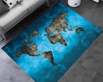 Turquoise World Map Rug, Blue World Map Rug,World Map Rug,Map Rugs,Atlas World Map Rug,Area Carpet,Geography Themed Decor,Map Decor,Area Rug