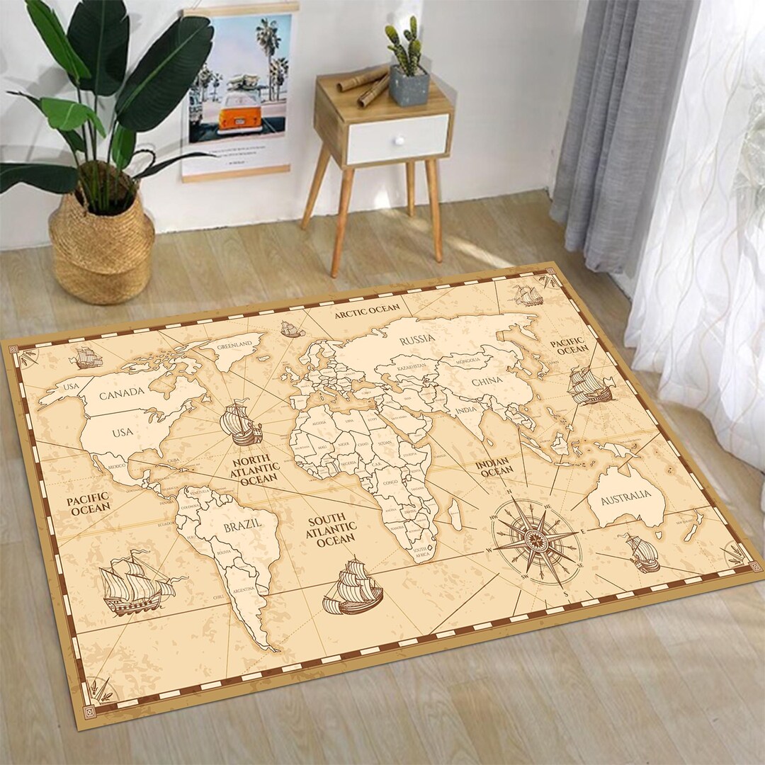 Beigebrown World Map Rug, World Map Rug, Map Rug, Atlas World Map Rug ...