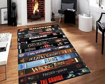 Alfombra VHS, Películas retro, Alfombra de vídeo, Alfombra de estilo retro nostálgico, Alfombra de película de terror, Alfombra temática de vídeo, Películas VHS, Alfombra de película de terror, Alfombra de película, Alfombra popular, Alfombra