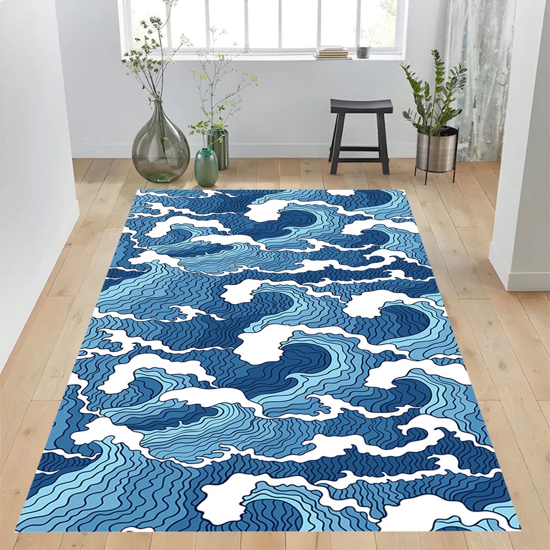 Japanese Patterned Rug Japanese Waves Repeating Pattern Rug | Microfiber Polyester Pile With ...