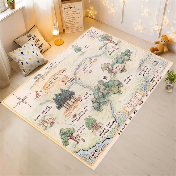 Winnie The Pooh 100 Acre Wood Map Rug | Microfiber Pile, Organic Cotton Base, OEKO-TEX Certified