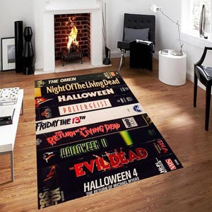 Horror Movie VHS Rug, Halloween Film Room Decor | Microfiber Polyester Pile with Non-Slip Organic Cotton Base, Washable
