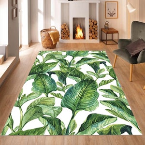 Leaf Rug, Tropical Rug, Exotic Rug, Boho Decor, Bohemian Rug, Leaf Pattern Rug,Botanical Leaf Rug,Green Plant Rug,Plant Rug,Elegant Leaf Rug