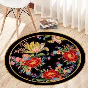 Tkany okrągły dywan Cottagecore Flowers, okrągły dywan Cottagecore Roses, okrągły dywan vintage, dywan Karabag, kolorowy okrągły dywan, okrągły dywan kwiatowy, okrągły dywan