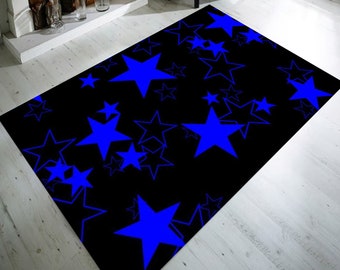 Blue Scattered Stars Rug: Recycled Microfiber Polyester Pile, Non-Slip Organic Cotton Base, Washable