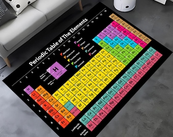 May include: A rectangular area rug featuring a black background with a printed Periodic Table of The Elements. The design includes colourful squares representing chemical elements, labelled with symbols, atomic numbers, and masses in white text.