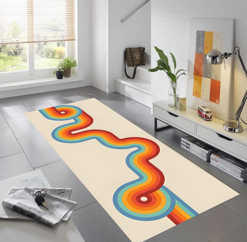 Mid Century Modern Runner Rug, Mid Century Rug, Kandinsky Rug, Runner,Scandinavian Style Rug,Mid Century Hallway Rug,Abstract Colorful Lines image 3