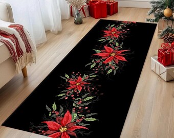 Op de afbeelding: Zwarte loper met een bloemmotief van rode poinsettia's, groene bladeren en rode bessen. Het rechthoekige tapijt is geschikt voor gangen of entrees. Het kerstthema tapijt voegt een feestelijke touch toe aan elk huis.
