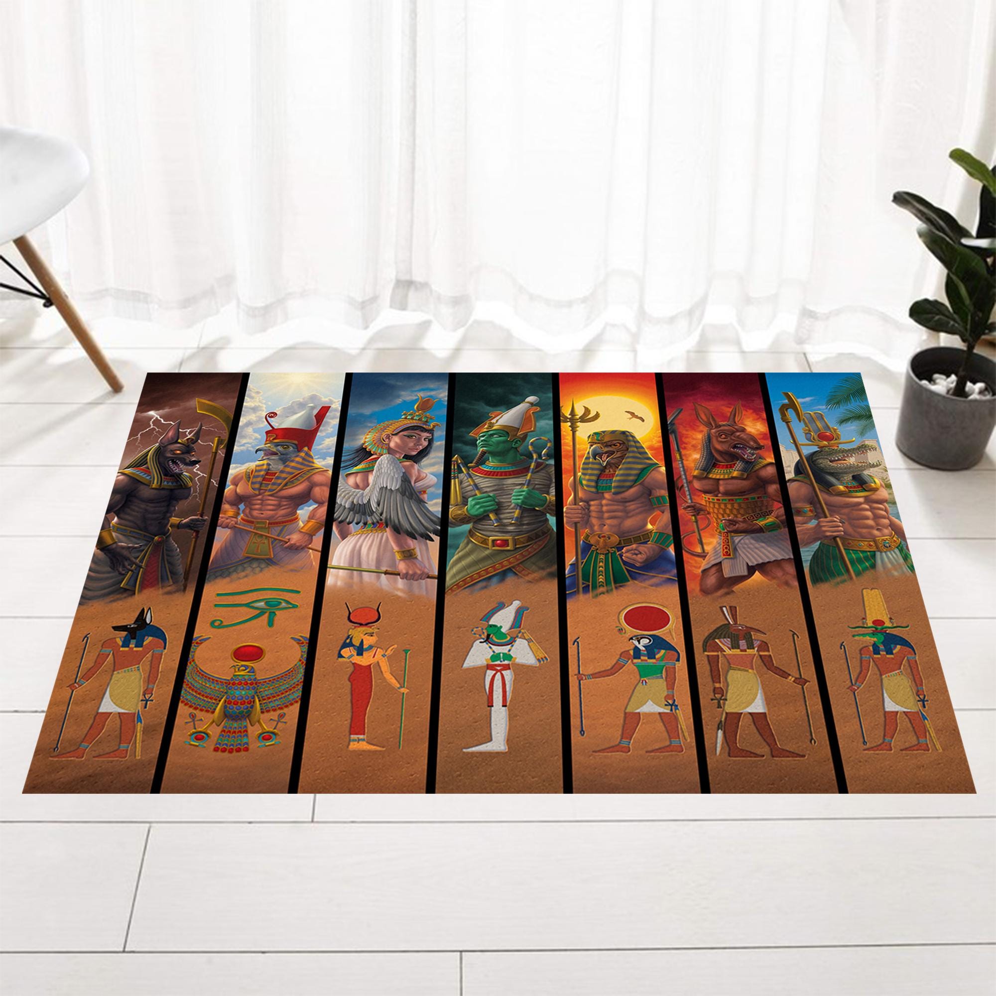 エジプトラグ、エジプトの神々のラグ、エジプト風ラグ、アンティーク