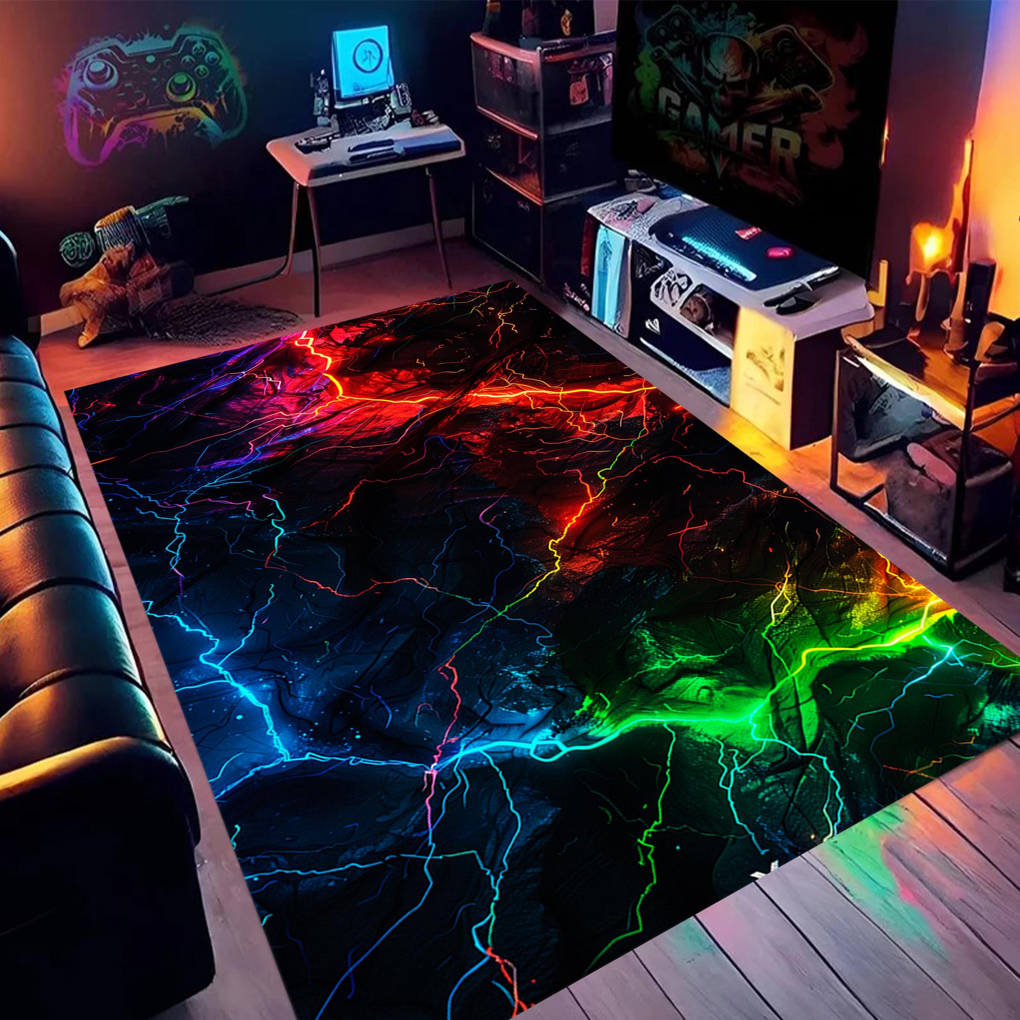 Alfombra de neón, alfombra gamer, alfombra con diseño de neón, decoración de neón, grietas de relámpagos de neón, alfombra de colores neón, alfombra de deportes electrónicos, alfombra con aspecto de neón, alfombra para sala de juegos