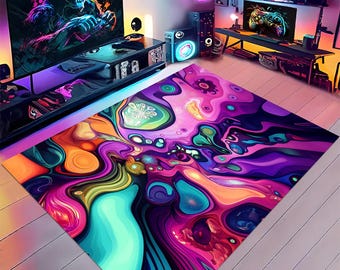 May include: A colourful, abstract patterned rug featuring swirls of purple, pink, orange, and teal. The rectangular rug is placed on a light wooden floor. The room has a gaming setup with a large TV and neon lighting.