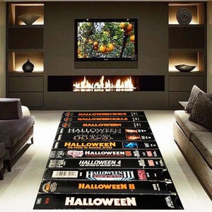 Halloween-kleed, tapijt horrorfilm, tapijt retrofilms, tapijt horrorfilm, halloweencadeau, tapijt Halloween-thema, horrortapijt, VHS-tapijt, tapijt horrorfilm, tapijt