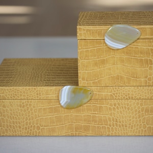 Wood and Mustard Faux Leather Decorative Accessories and Organizer Gift Box with Gemstone Button, Nightstand Box, Dresser Box