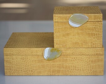 Holz und Senf Kunstleder Dekorative Accessoires und Organizer Geschenkbox mit Edelsteinknopf, Nachttisch Box, Kommode Box