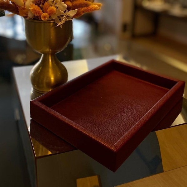 Burgundy Colour  Faux Leather Serving Tray,  Customized Handmade Leather Tray for Office For Easy Serving Home,  Kitchen,  and Bar