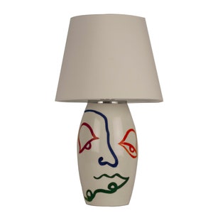 Contemporary Ceramic Ivory Table Lamp with Line Art Abstract Portrait Painting, Nordic Bedside Lamp with Fabric Lampshade, Living Room Decor