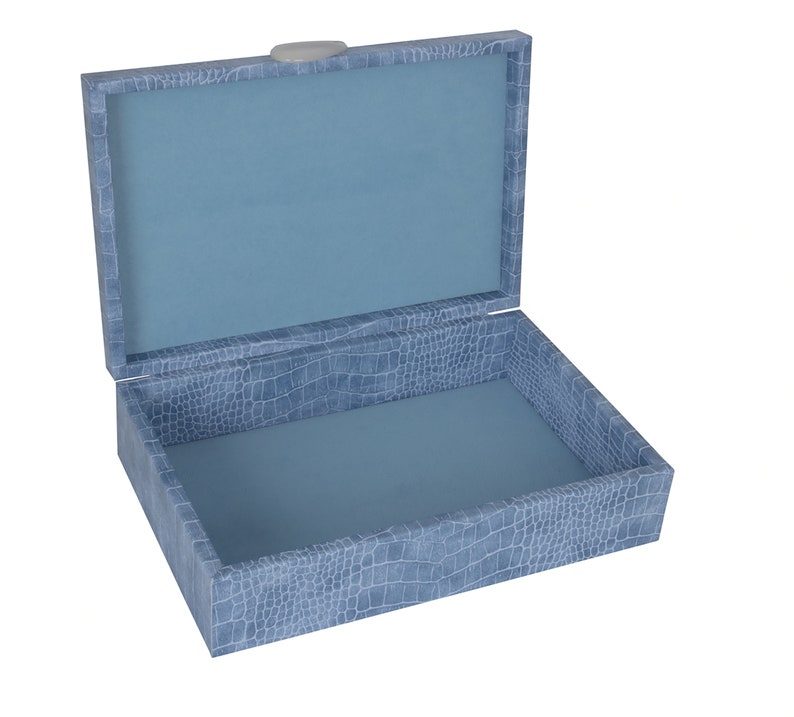May include: A light blue box with a crocodile-embossed pattern. The box is open and the inside is lined with a light blue fabric.