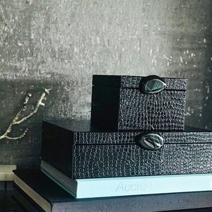 Wood and Black  Faux Leather Decorative Accessories and Organizer Gift Box with Gemstone Button, Nightstand Box, Dresser Box