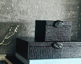 Wood and Black Faux Leather Decorative Accessories and Organizer Gift Box  With Gemstone Button, Nightstand Box, Dresser Box - Etsy