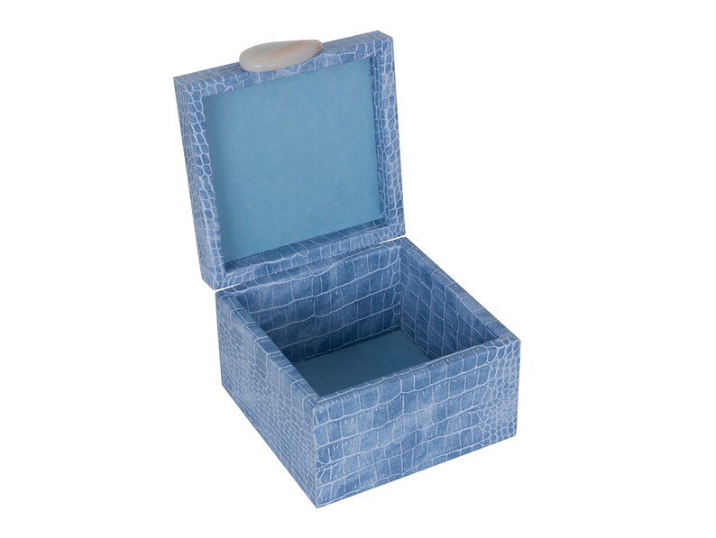 May include: A light blue decorative box with a crocodile-embossed pattern and a white shell-shaped knob on the lid. The box is open and the inside is lined with a light blue fabric.