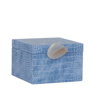 May include: A light blue box with a crocodile-embossed pattern and a light grey agate stone lid.