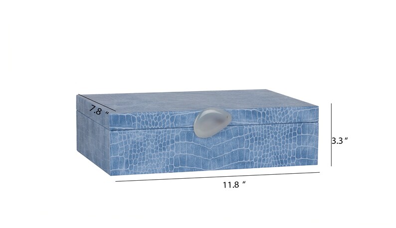 May include: A light blue rectangular jewellery box with a faux crocodile skin pattern and a white stone knob. The box measures 11.8 inches long, 7.8 inches wide, and 3.3 inches high.