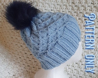 Fishnet knit pattern, PATTERN ONLY, PDF download, knit, hat, winter, unisex, pom pom, beanie, cabled