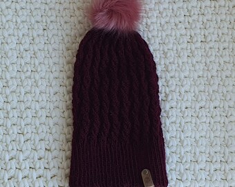 Knitted hat Peanuts, winter, handmade, purple, pink faux fur pom pom, adult beanie, cabled, great gift, one of a kind knit