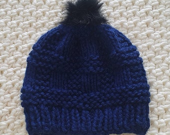 Knitted hat Let it Happen, winter, handmade, unisex, blue, black faux fur pom pom, adult beanie, great cozy gift, one of a kind knit