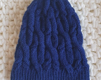 Knitted hat Sultana Cabled Hat, winter, handmade, unisex, blue, adult beanie, cabled, great cozy gift