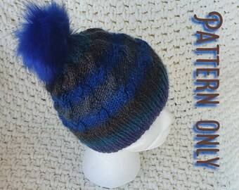 Northern Lights knit pattern, PATTERN ONLY, PDF download, knit, hat, winter, unisex, pom pom, beanie, cabled