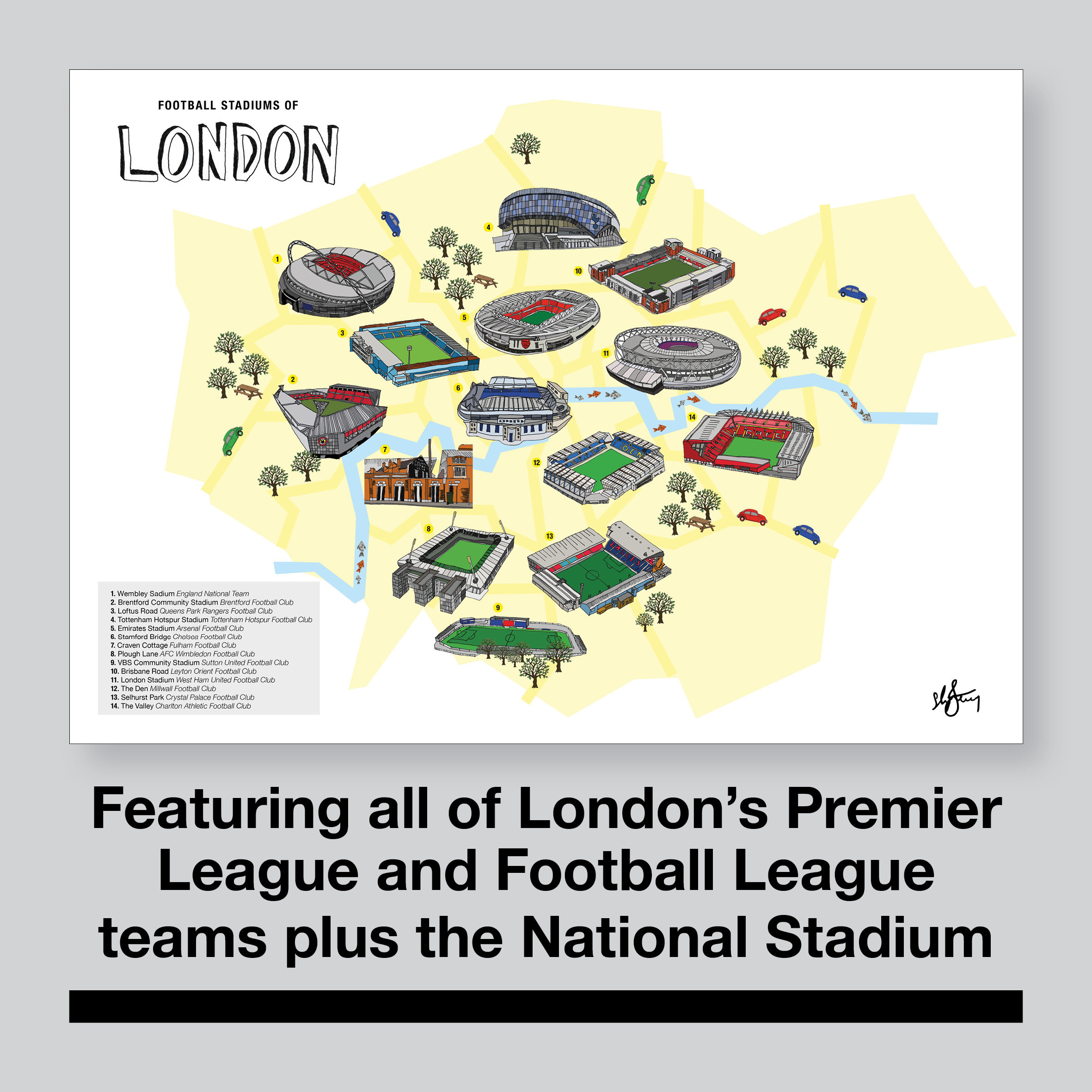 London Football Stadiums Illustrated Map - Etsy