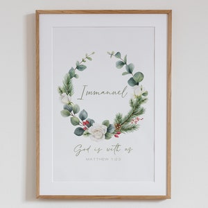 Matthew 1:23, Immanuel, God is With Us, Christmas Wreath Wall Decor, Bible Verse Instant Download, Scripture Print, Pine Wreath Printable
