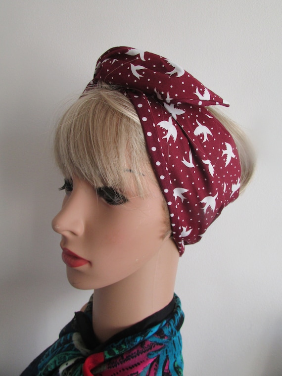 Rockabilly Vintage Birds Print Wide or Narrow Wired Headband Reversible to Wine Spot