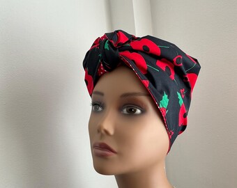 Handmade Vintage Inspired  Triangle Shape Self Tie Turban Scarf Black with Red Poppies Reversible
