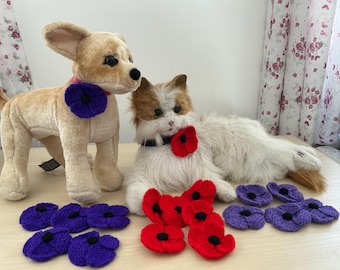 Hand knitted Dog or Cat Collar Poppies Red Purple or Mauve Slide on Collar