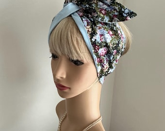 Rockabilly Pin Up Wide or Narrow Wired Headbands Navy Floral Reversible to Plain Sky Blue