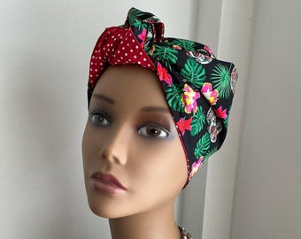 Handmade Vintage Inspired  Triangle Shape Self Tie Turban Scarf Black Sugar Scull Reversible to Red Spot
